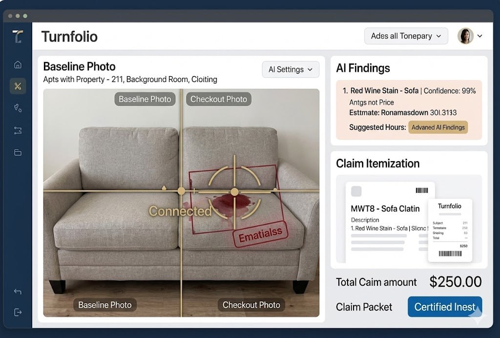 Turnfolio dashboard showing baseline and checkout sofa photos, AI findings, and claim itemization