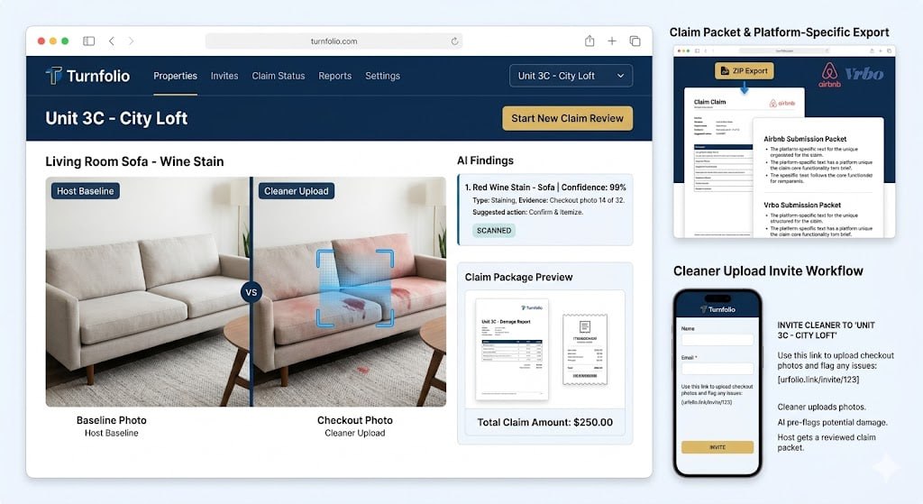 Turnfolio finding showing baseline sofa next to checkout photo with a detected red wine stain